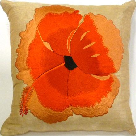 main photo of Pillow; orange poppy on raw amber silk