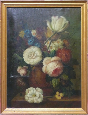 main photo of Cleared Oil painting on canvas, Flowers in Brown Vase