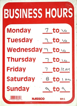 main photo of sign; business hours