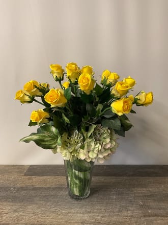 main photo of Silk Yellow Rose Arrangement in ribbed glass vase