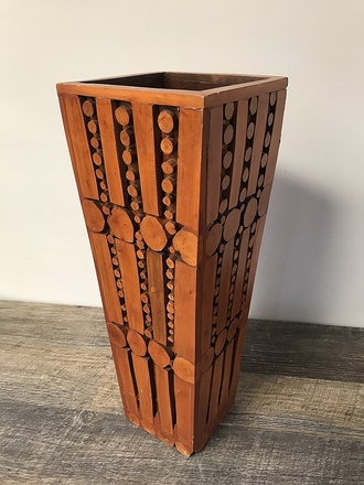 main photo of Pair of Taller Teak Wood Mosaic Vases