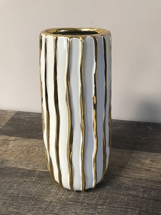 main photo of Pair of White and Gold Ceramic Contemporary Striped Vases
