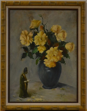 main photo of Yellow Roses Blue Vase and Statuette