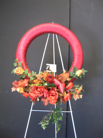 main photo of Warm Tone Easel Wreath with vintage style ribbon wrap.