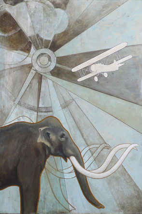 main photo of Cleared Painting, canvas, Ivory Bi-Plane Flying Over Elephant