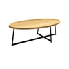 Coffee table:  asymmetrical leg positions, oval blonde wood top