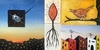 Contemporary Yellow Blue White Bird Roots Buildings Abstract