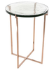 side table; CLEARED, Glass table top with Rose Gold metal legs