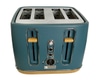 Toaster; matte stone blue finish, chrome & light wood trim,